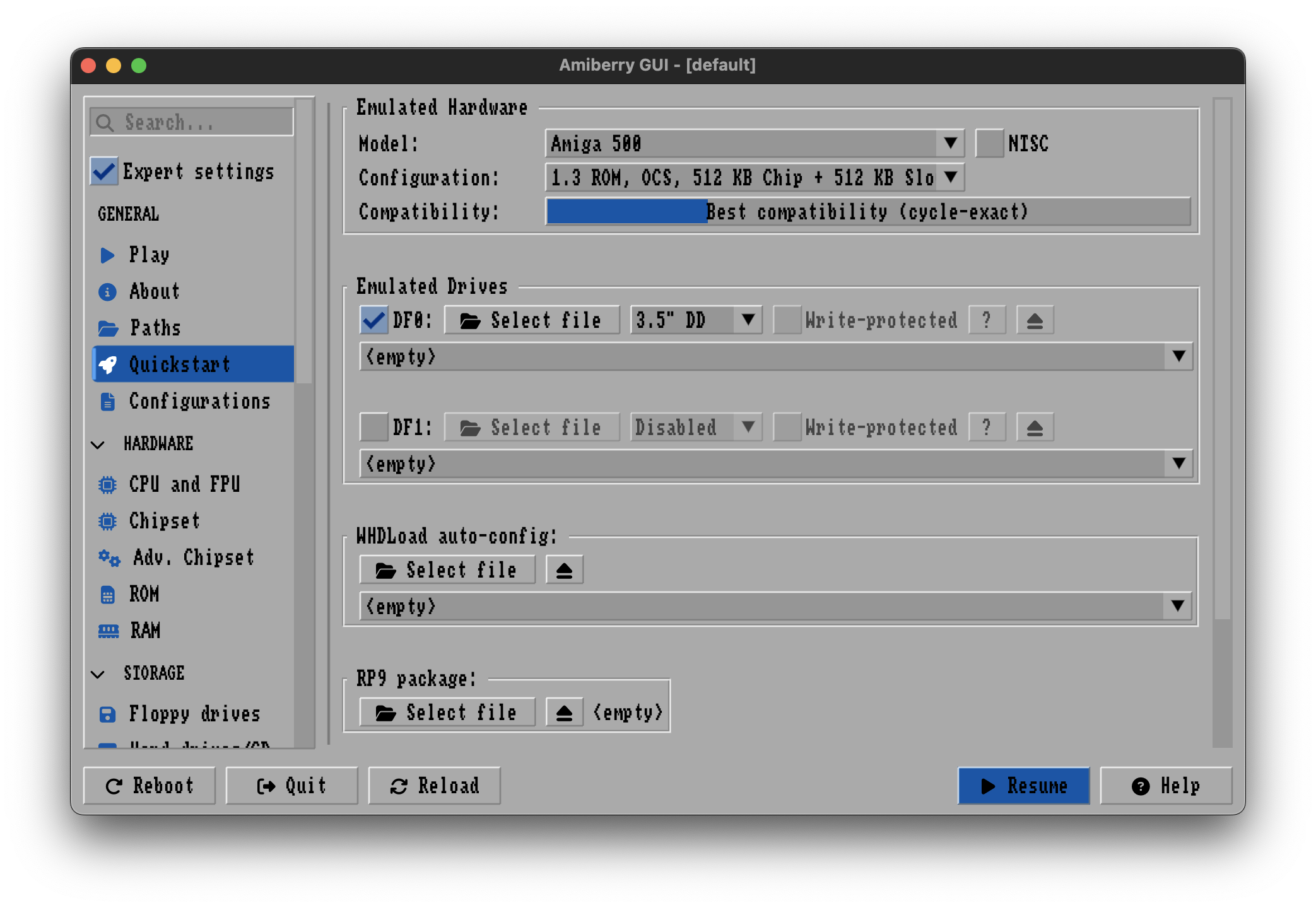 Amiga emulator configuration screen