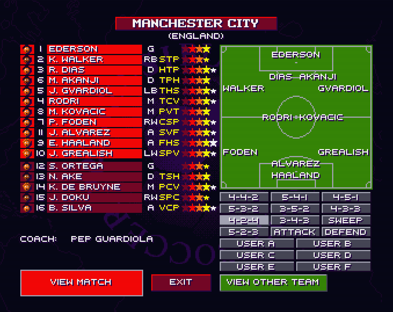 Manchester City line-up in Sensible World of Soccer 2023/2024 edition