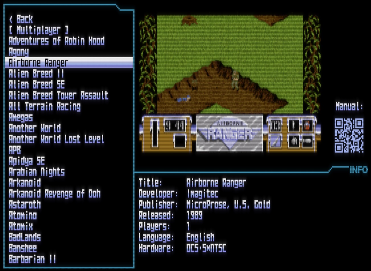 Entry for Airborne Ranger showing link to QR code that brings you to the game manual