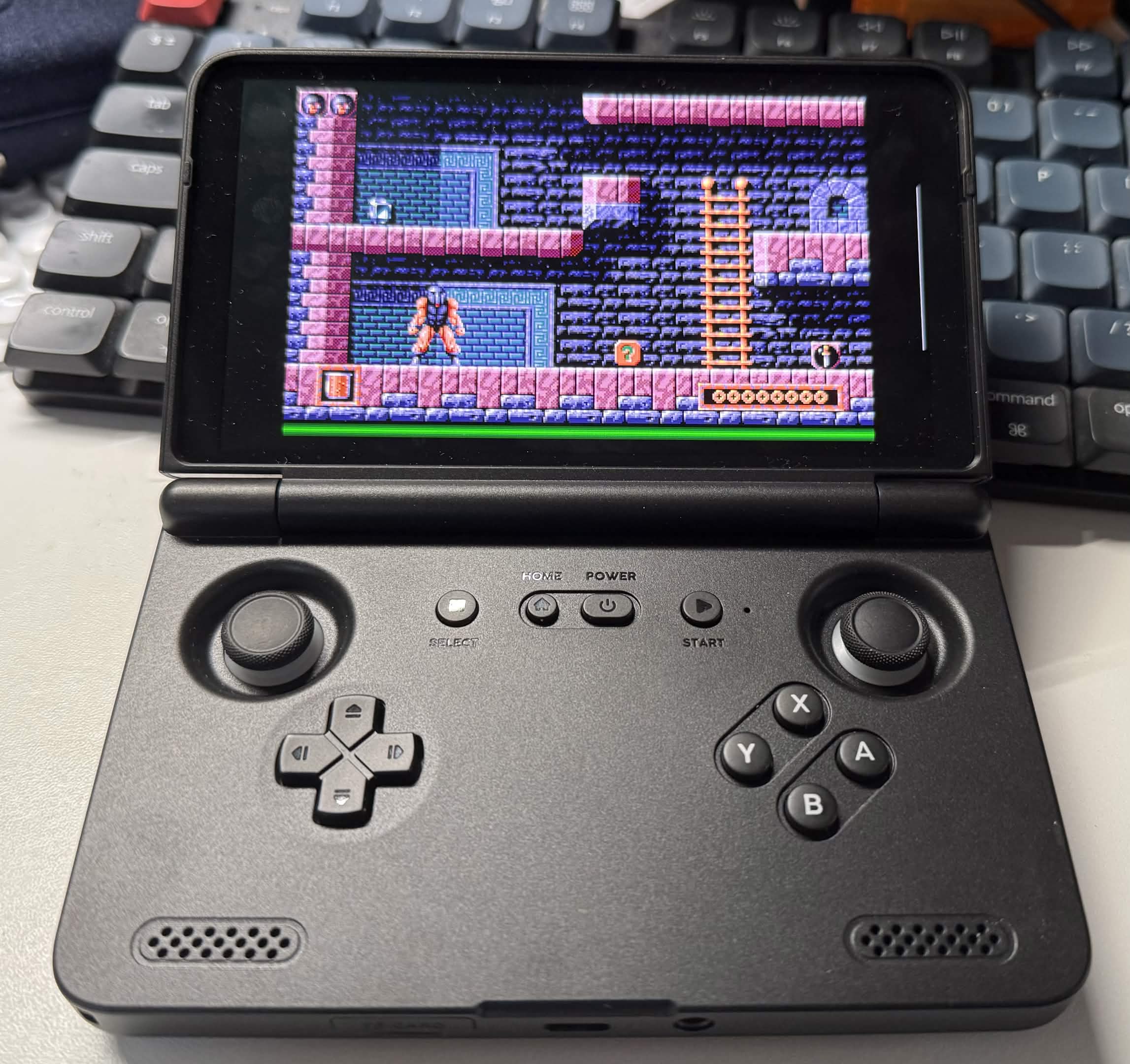 Retroid Flip 2 showing the game GODS on AmigaVision, integer scaled to 16:9 (Photo: Simon Dick)